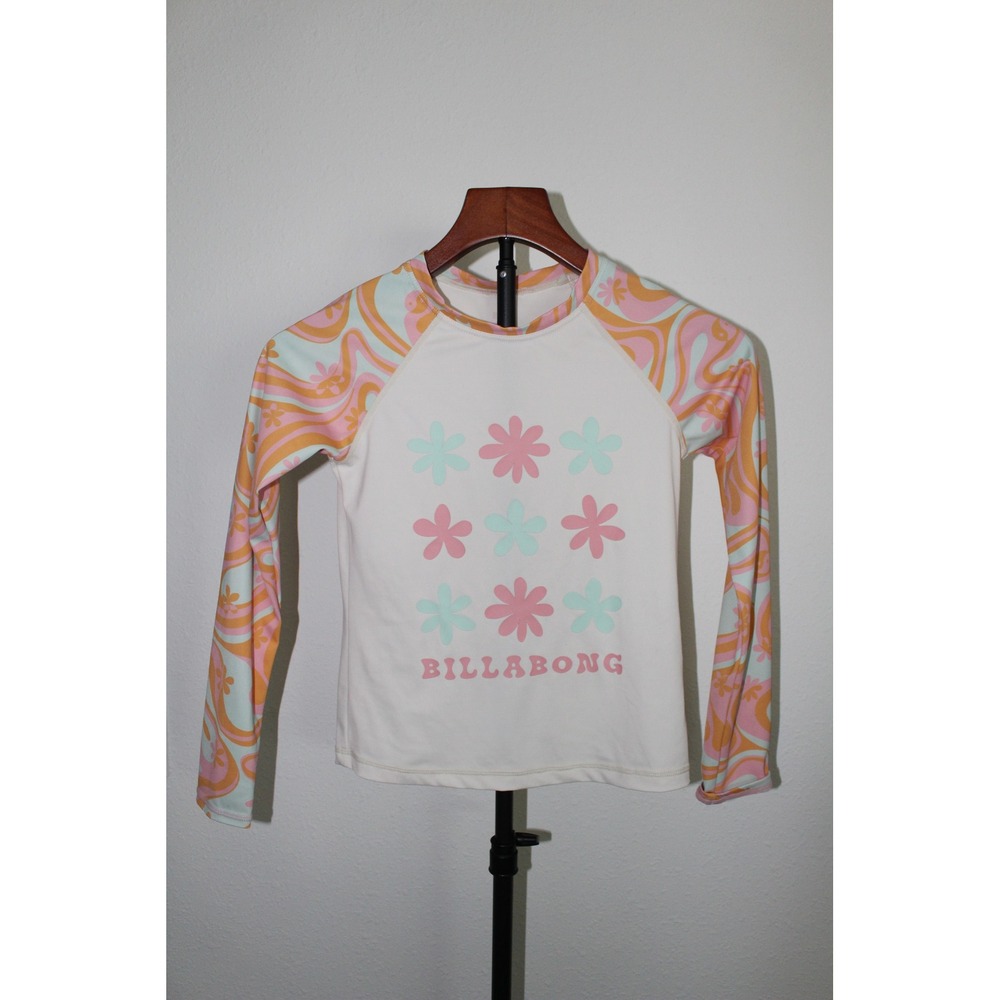 Billabong Girls Long Sleeve Rash Guard Retro Floral‎ Swirl Pink Orange White M/L